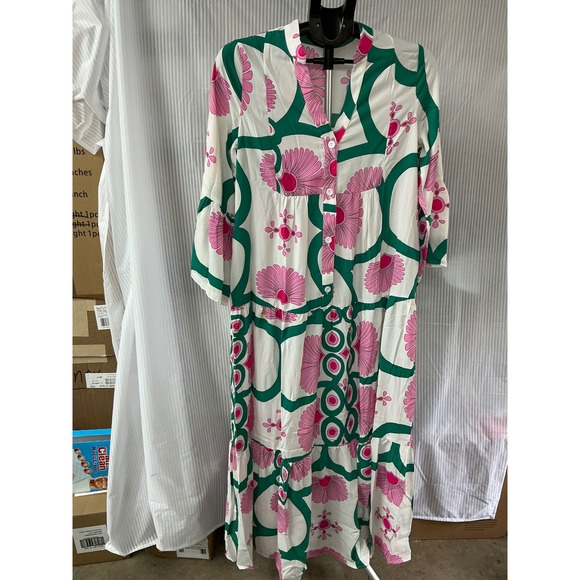 Unbranded Dresses & Skirts - Boho Pink Green Floral Geometric Tiered Maxi Dress Bell Sleeve Small LC6121767